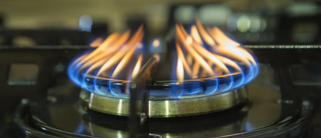 Gas burner with flames.