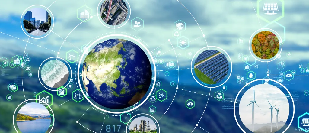 Artist's concept showing the Earth with satellite-like bubbles around it showing differing types of energy sources.