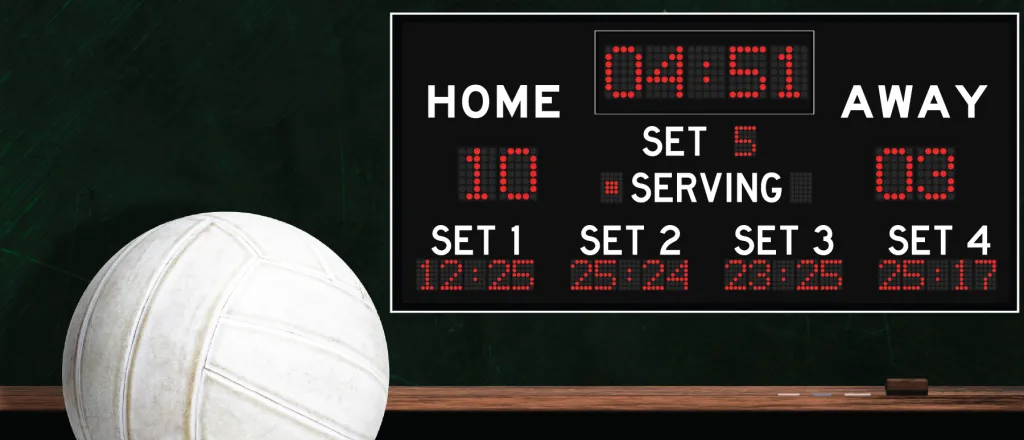 Concept art showing a volleyball in the foreground and simulated scoreboard in the background.