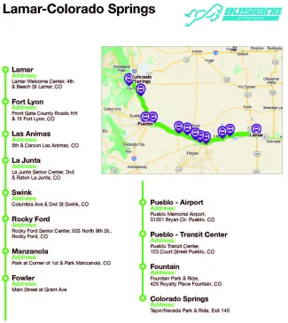 Map of the Bustang route from Lamar to Colorado Springs.