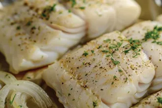 Closeup view of cooked zesty lemon fish showing spices.