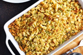 Overhead view of a pan of cornbread dressing.
